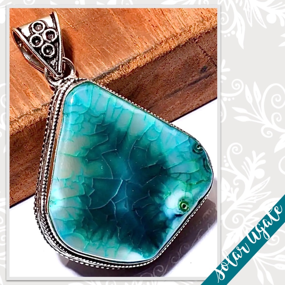 Solar Agate Eclectic Bollywood Silver Pendant, 2.32” (Teal Blue-Green)